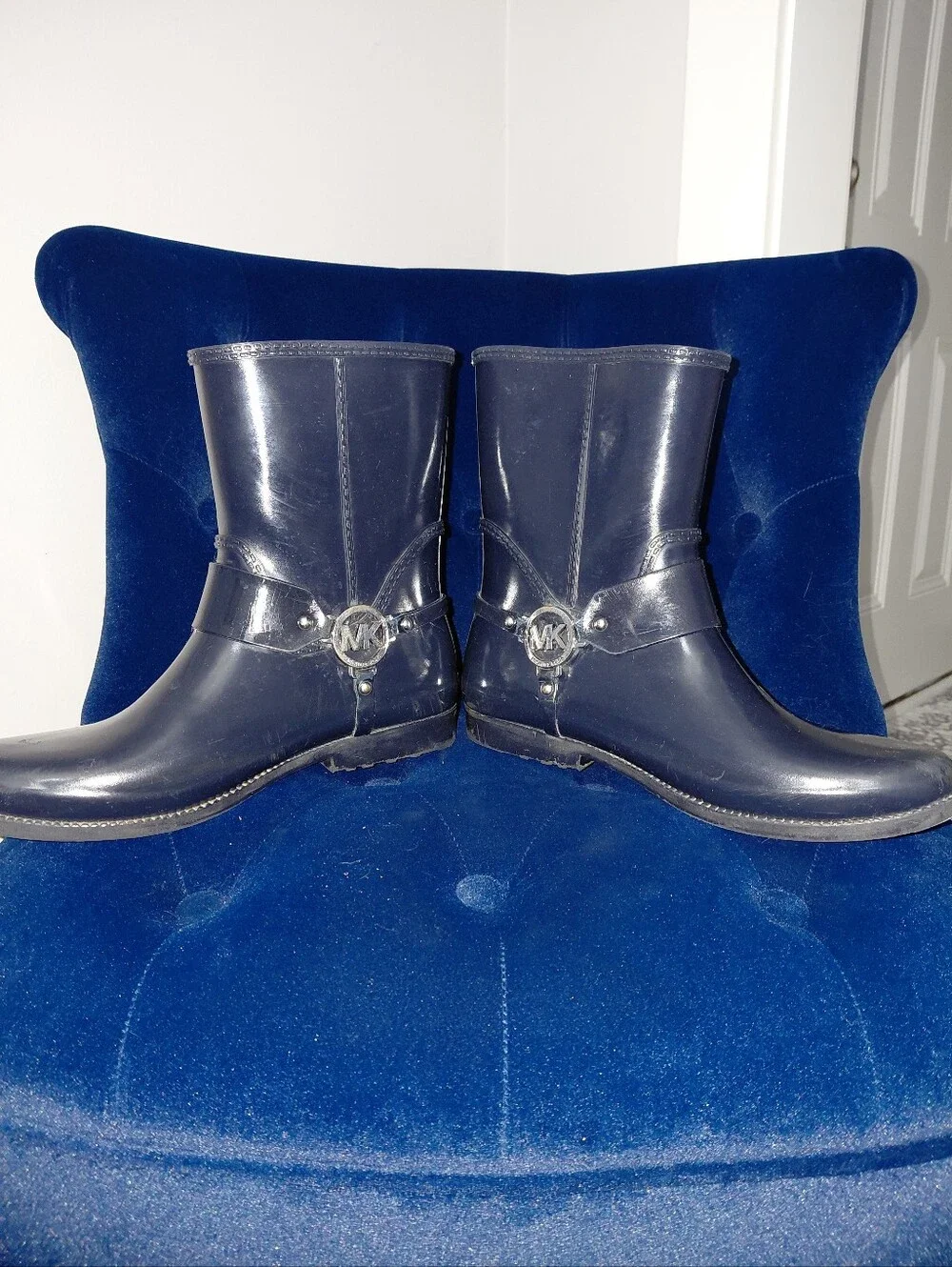 Michael Kors Fulton Harness Rain Booties Navy Blue Rubber MK Logo Riding 11